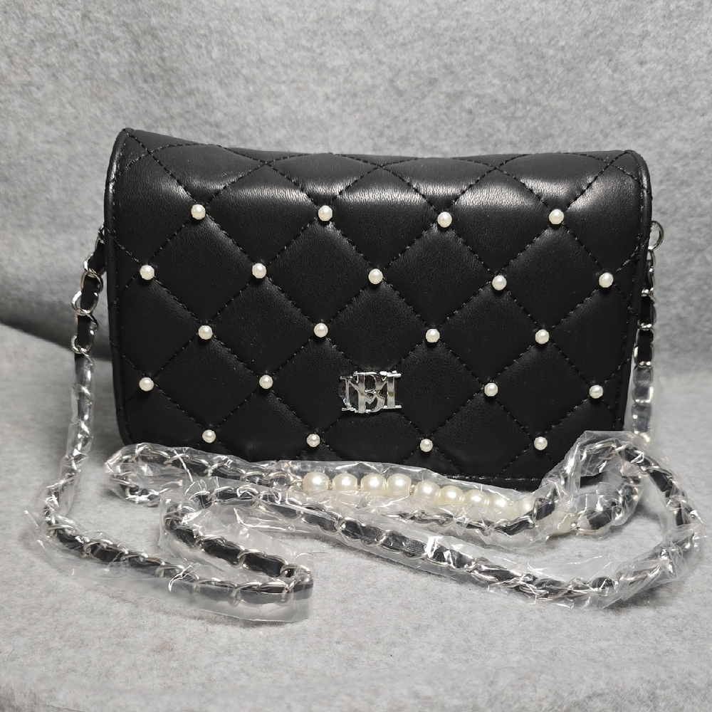 Badgley Mischka Quilted Vegan Leather Crossbody Bag With Pearl Accents NWT